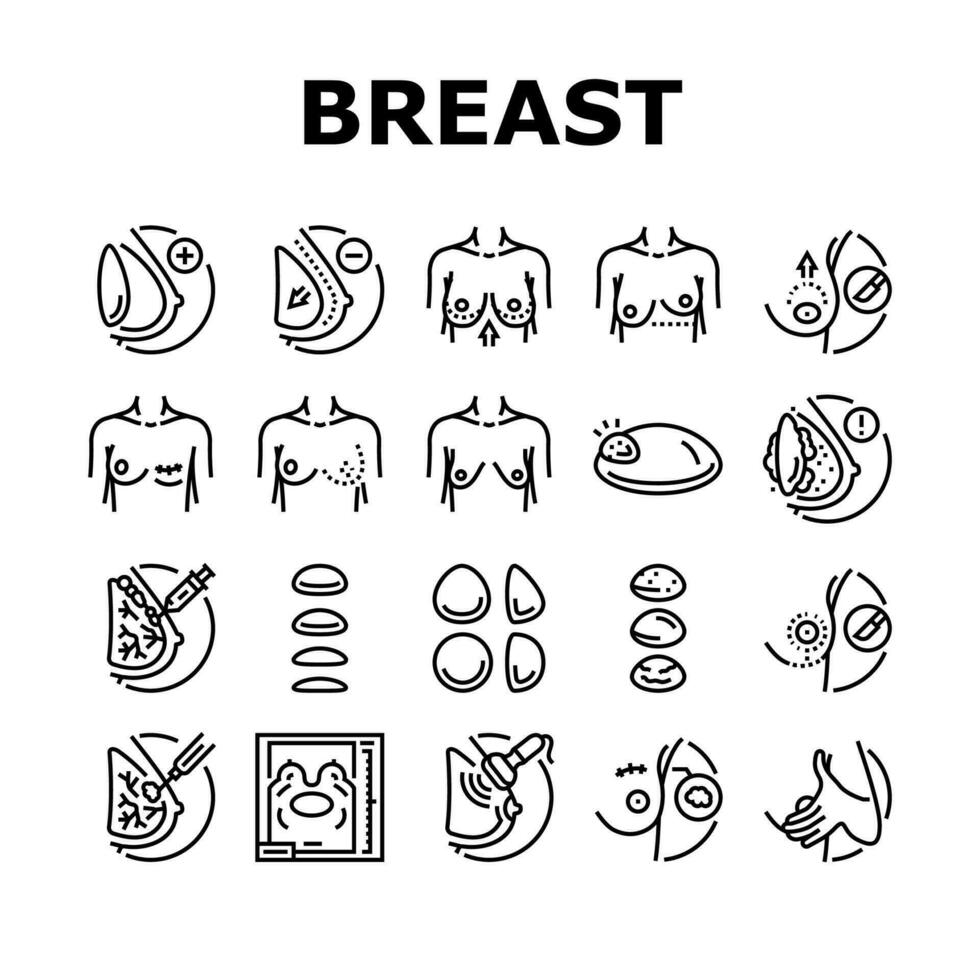 Brust Chirurgie Körper Frau Plastik Symbole einstellen Vektor
