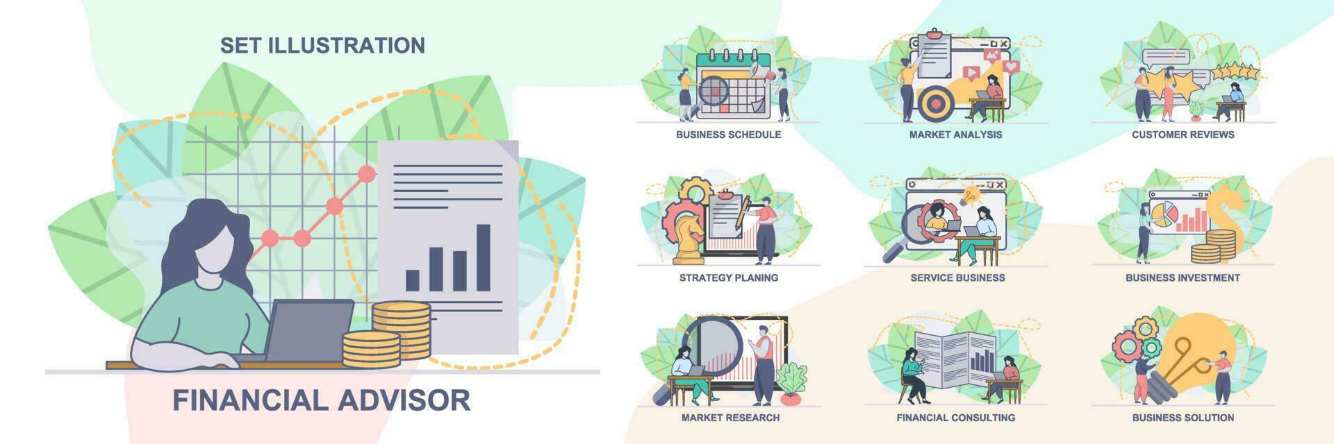 einstellen von Netz Seite Design Vorlagen zum Geschäft Management, finanziell Berater. Geschäft Lösung, finanziell Beratung Netz Seite Komposition mit Menschen Figuren. modern Vektor Illustration Konzepte