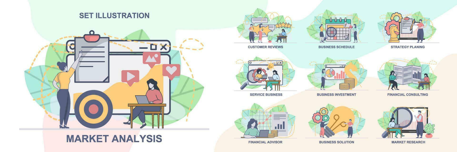 uppsättning av webb sida design mallar för företag förvaltning, marknadsföra forskning. företag schema, marknadsföra analys webb sida sammansättning med människor tecken. modern vektor illustration begrepp