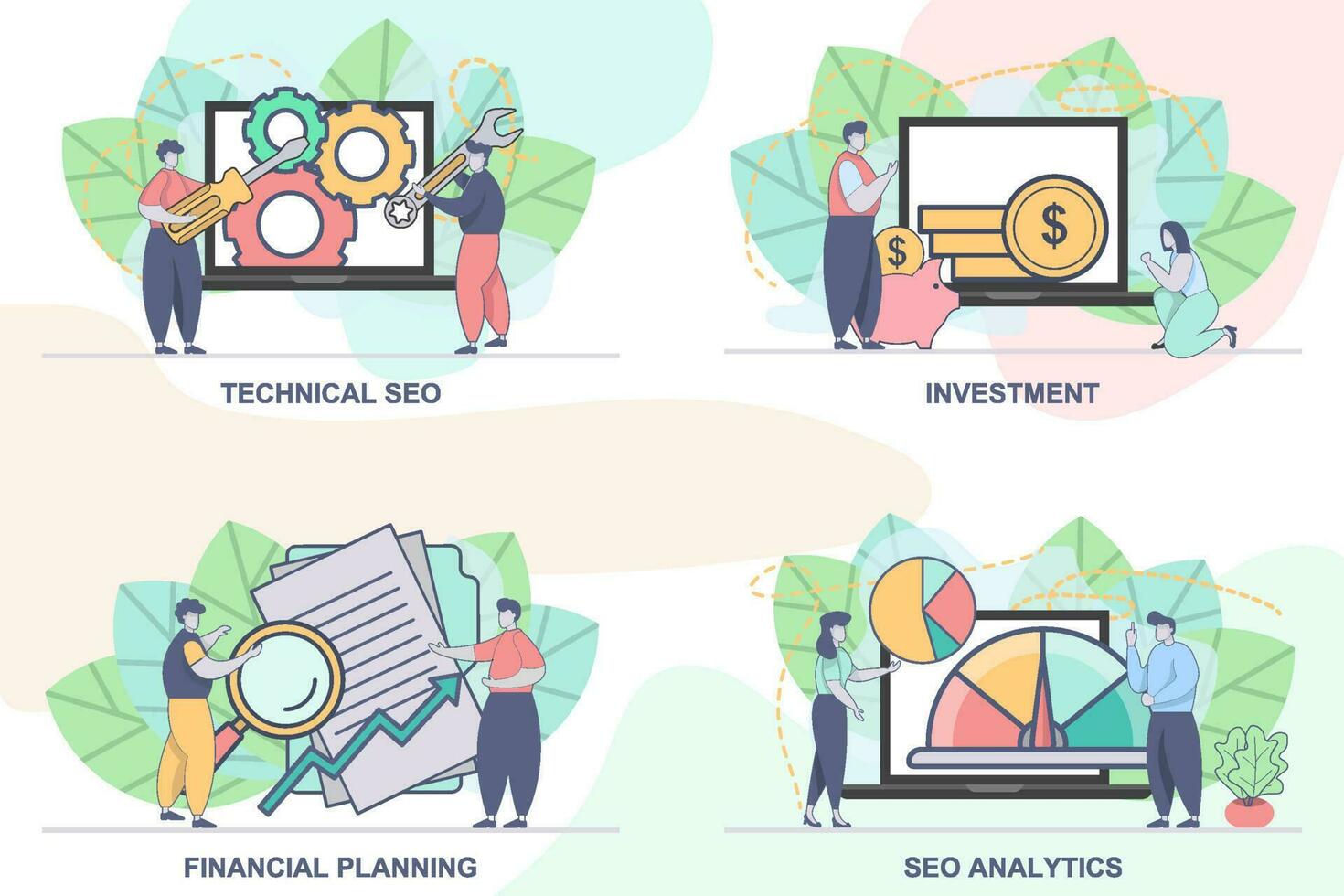 uppsättning av design mallar för seo företag sammansättning med människor tecken. modern vektor illustration begrepp. perfekt för webb design, baner, mobil app, landning sida.