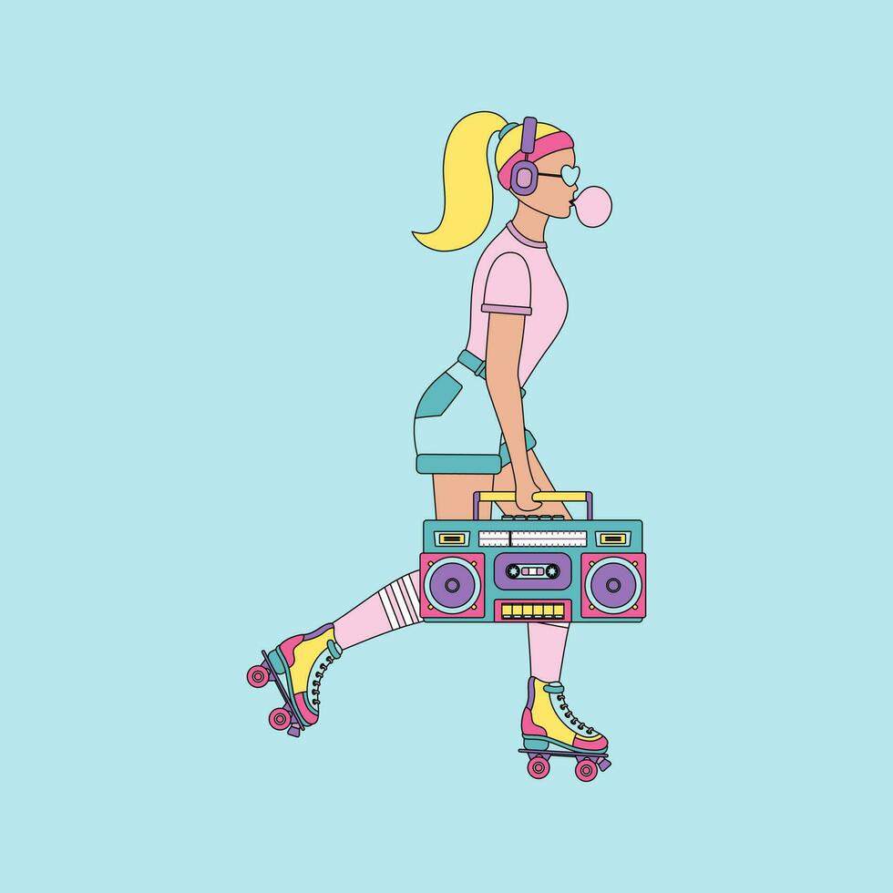 en flicka med vält skridskor. modern flicka med tejp inspelare ridning vält skridskor. retro mode stil från 80-90-tal. vektor illustration.