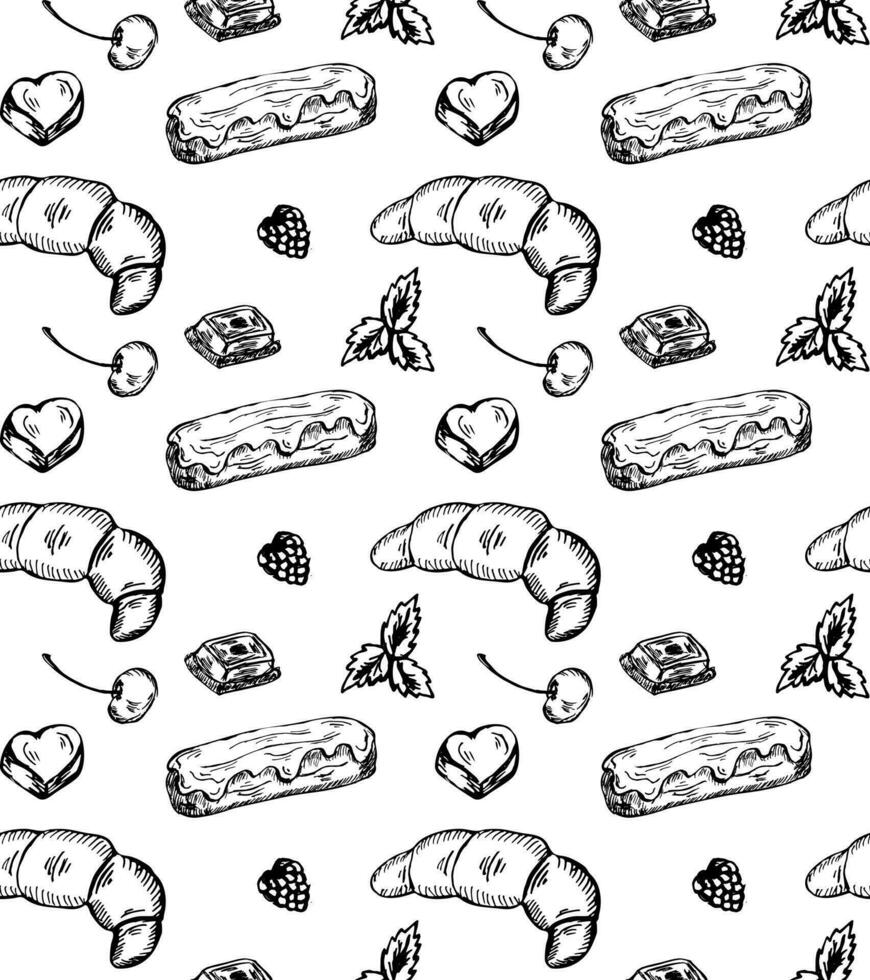 efterrätt sömlös mönster av eclairs, croissanter, sötsaker, körsbär och mynta på en vit bakgrund. vektor