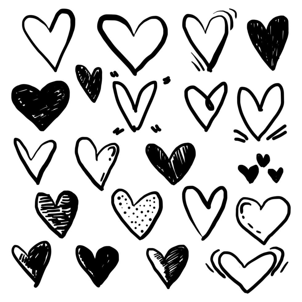Gekritzel Herzen Sammlung. Hand gezeichnet Liebe Herz. Grafik Design Element isoliert auf Weiß Hintergrund. Vektor Illustration