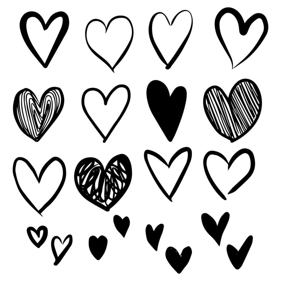 klotter hjärtan samling. hand dragen kärlek hjärta. grafisk design element isolerat på vit bakgrund. vektor illustration