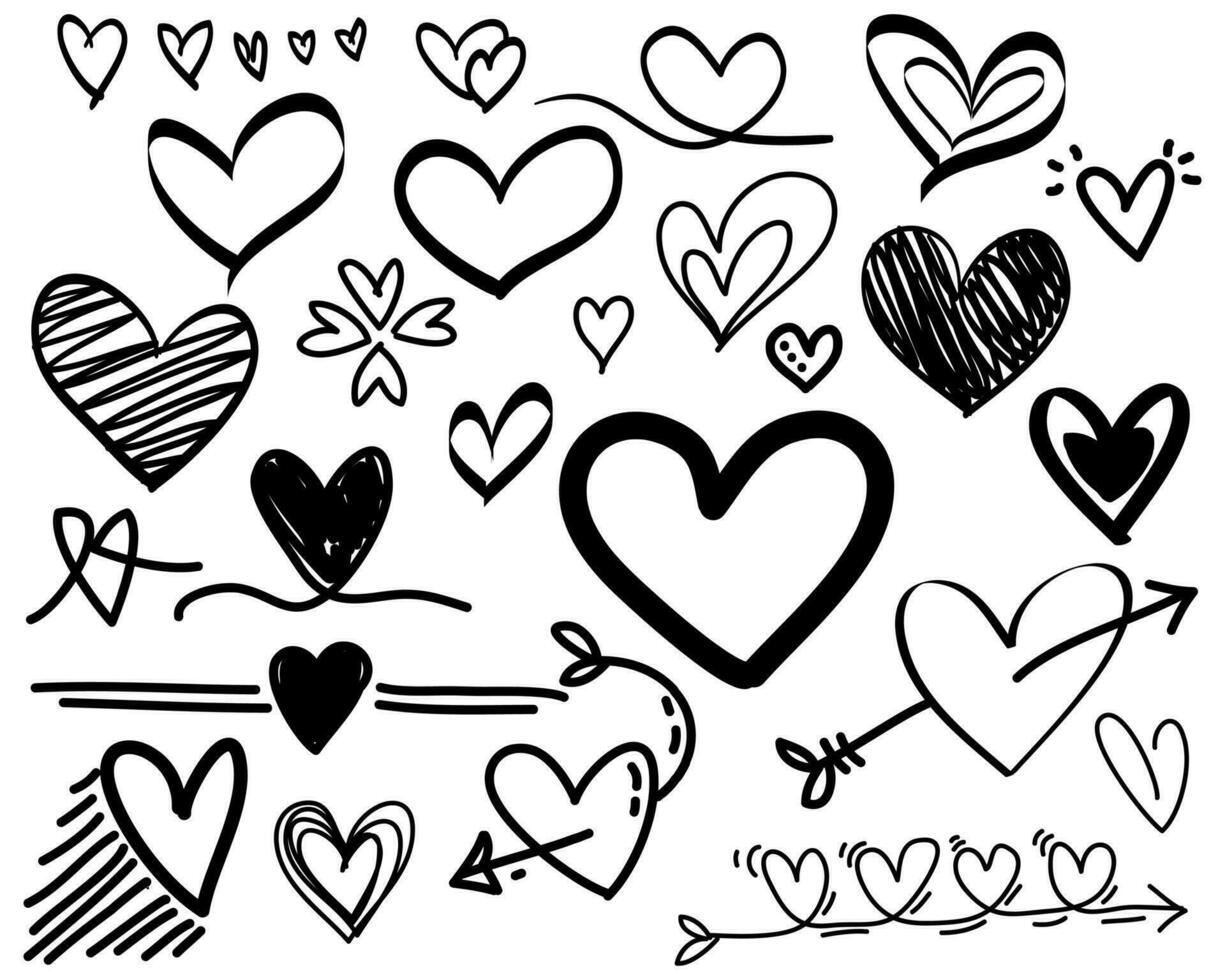 klotter hjärtan samling. hand dragen kärlek hjärta. vektor illustration
