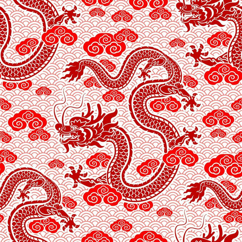 sömlös mönster Lycklig kinesisk ny år 2024 de drake zodiaken tecken med asiatisk element papper skära stil på Färg bakgrund. vektor