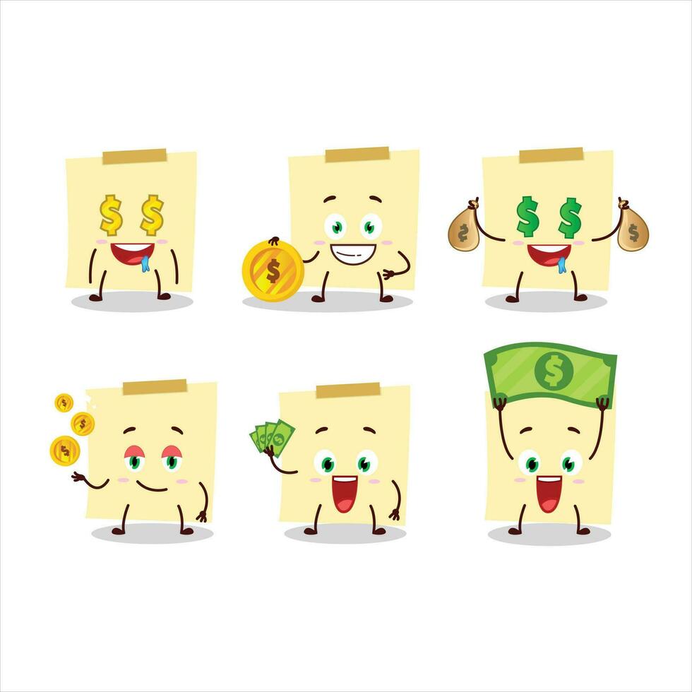 blass Gelb klebrig Anmerkungen Karikatur Charakter mit süß Emoticon bringen Geld vektor