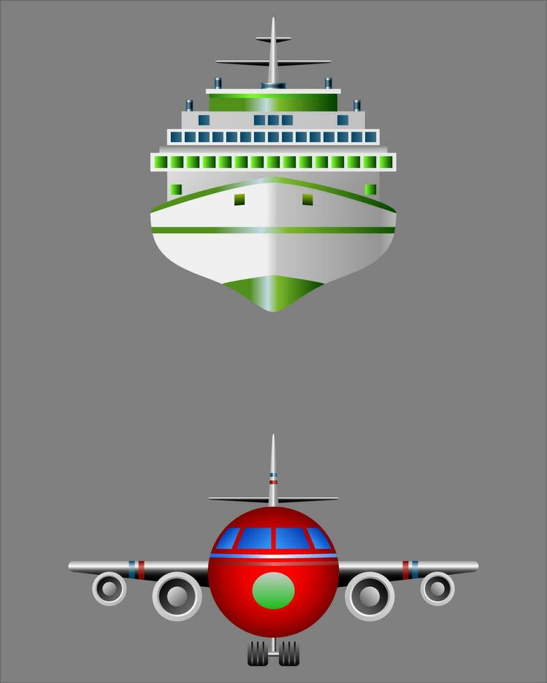 Schiffe und Flugzeuge gesehen von das Vorderseite, Masse Transport meint Vektor