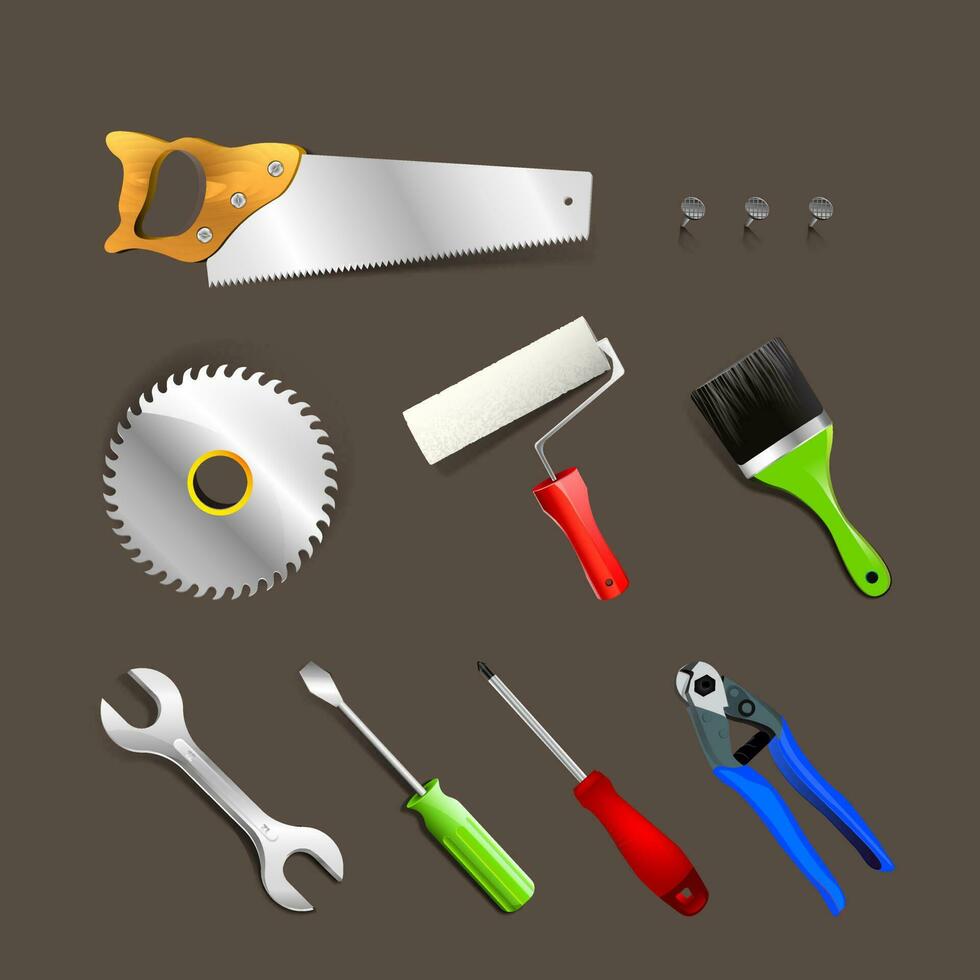 stock vektor illustration uppsättning isolerat ikoner byggnad verktyg reparera, konstruktion byggnad, borra, skruvmejsel, fick syn på, fil, borsta, vält, pensel, utrustning platt stil