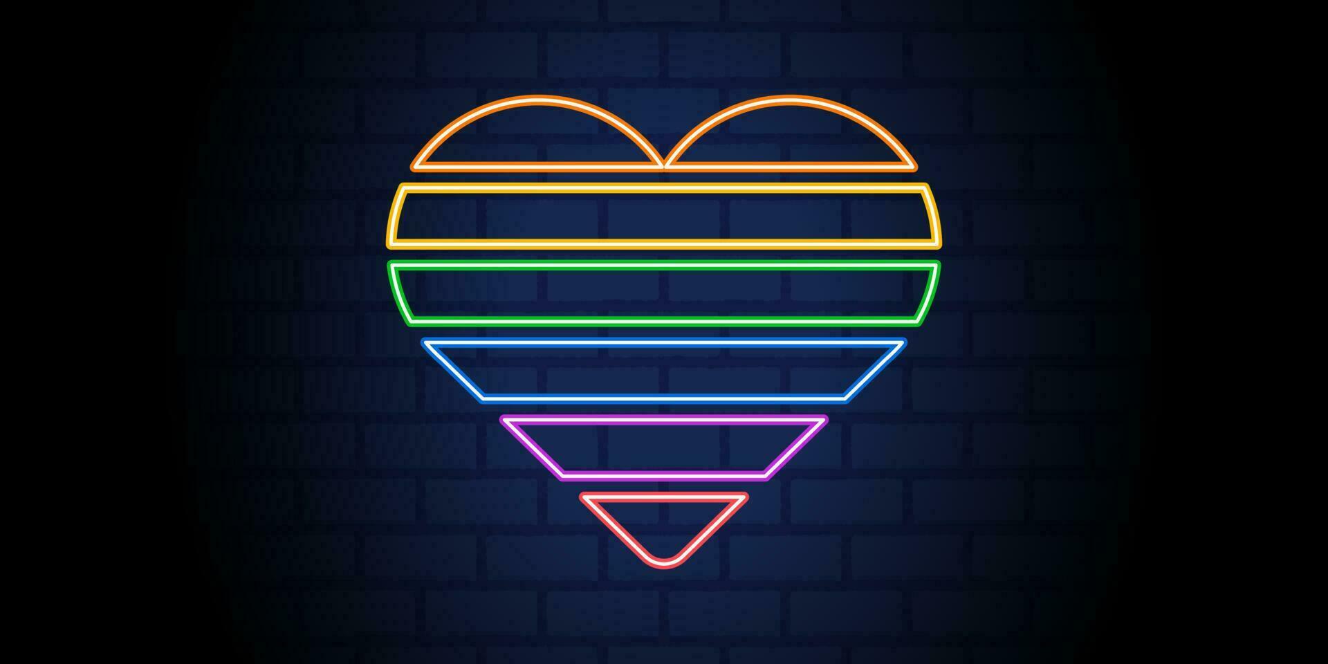 Neon- Herz im Stolz Regenbogen Farben auf dunkel Backstein Wand, lgbtq Symbol im Vektor abstrakt Grafik