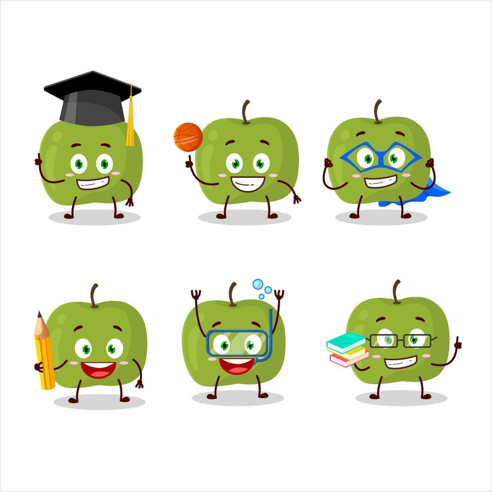 skola studerande av grön äpple tecknad serie karaktär med olika uttryck vektor