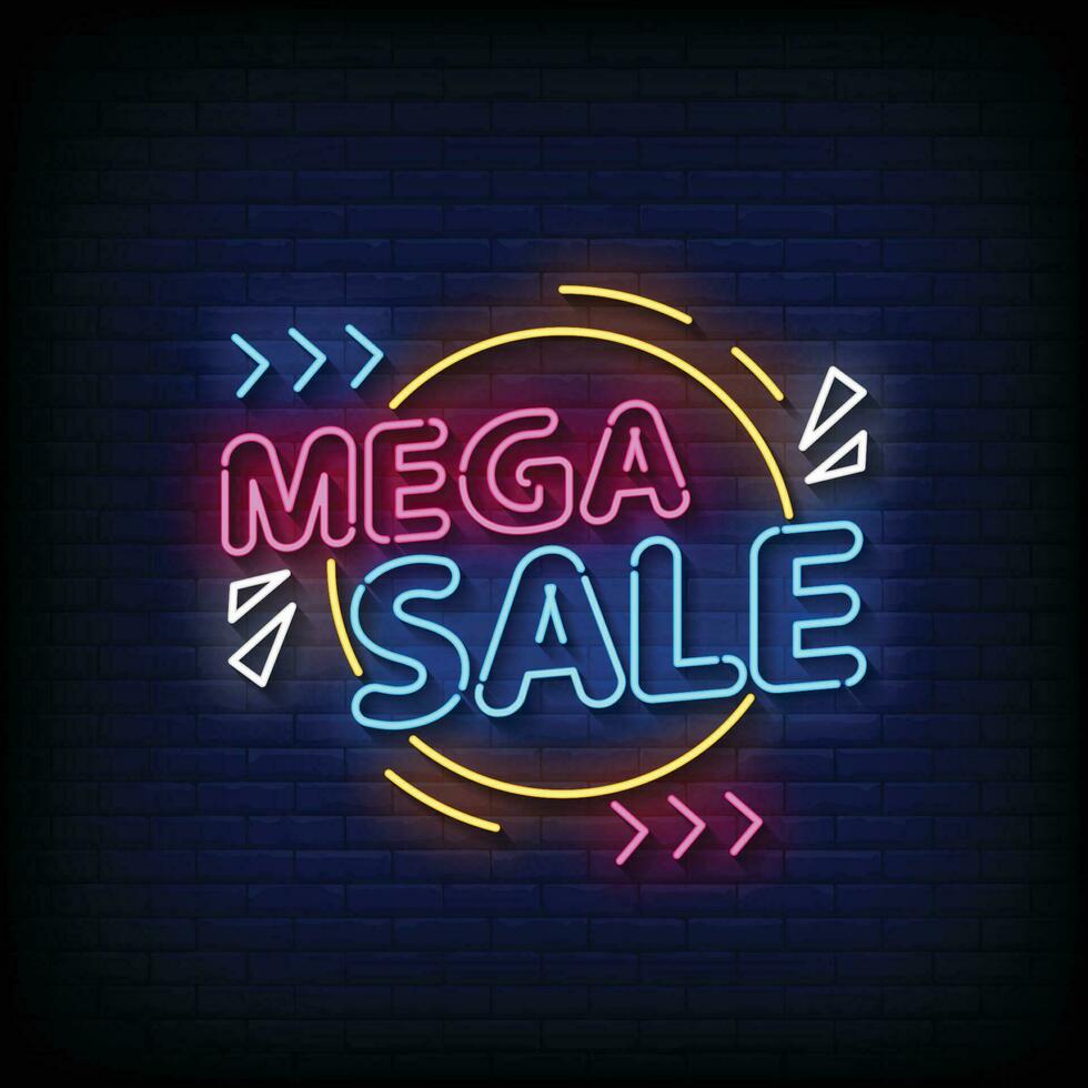 Neon- Zeichen Mega Verkauf mit Backstein Mauer Hintergrund Vektor