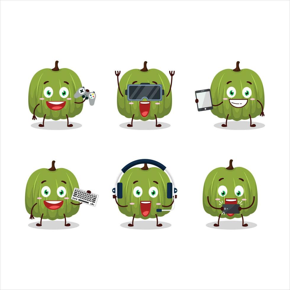 Grün Kürbis Karikatur Charakter sind spielen Spiele mit verschiedene süß Emoticons vektor