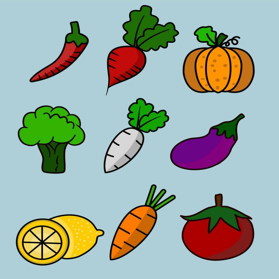beschwingt Vegetarisch Palette exklusiv Design mit Chili, Tomate, Karotte, Rettich, Zitrone, und Aubergine Brokkoli vektor