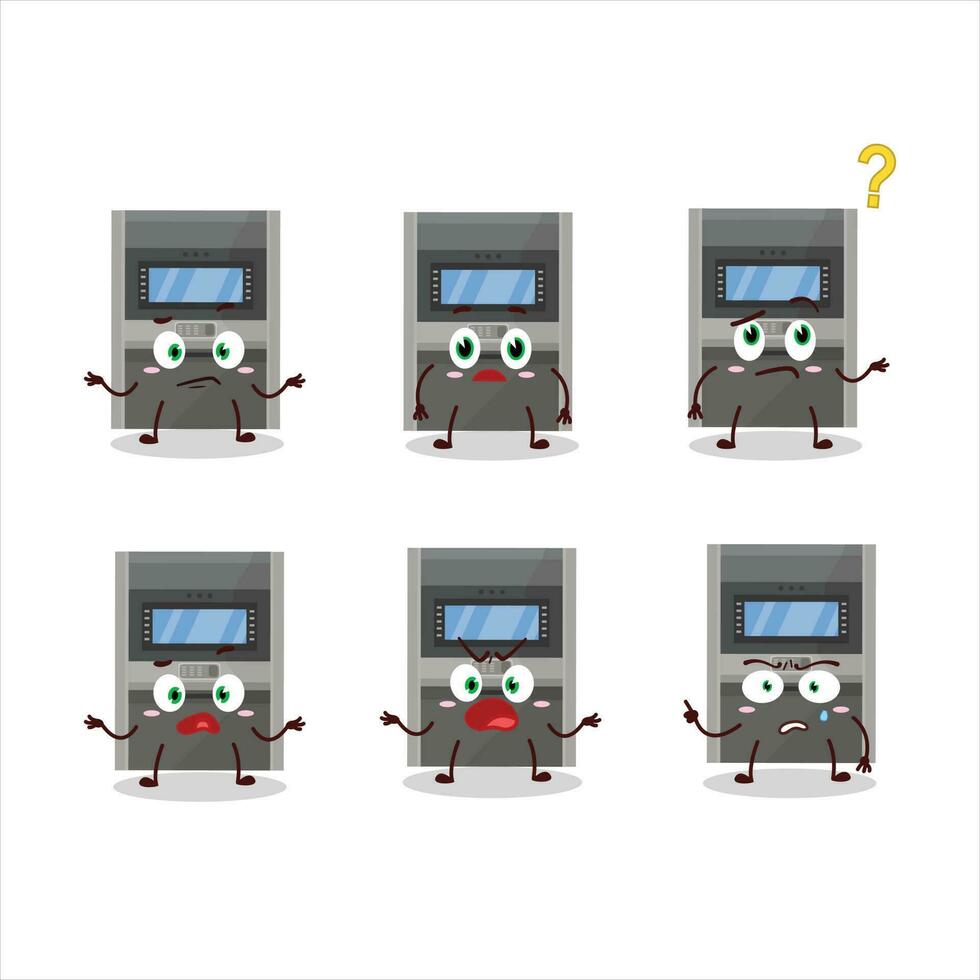 tecknad serie karaktär av Bankomat maskin med Vad uttryck vektor