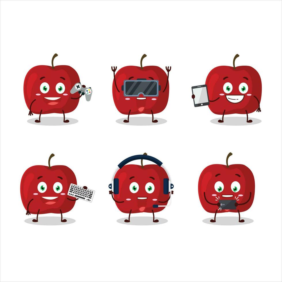 rot Apfel Karikatur Charakter sind spielen Spiele mit verschiedene süß Emoticons vektor