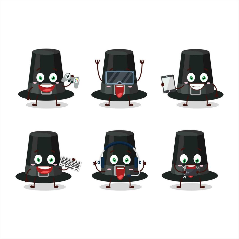 svart pilgrimer hatt tecknad serie karaktär är spelar spel med olika söt uttryckssymboler vektor