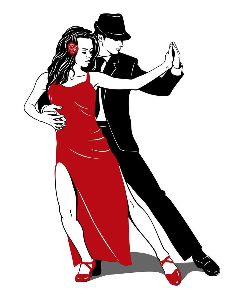 Argentinien Tango. Paar Tanzen. Frau im rot Kleid, Mann im schwarz Anzug. Vektor Zeichnung.