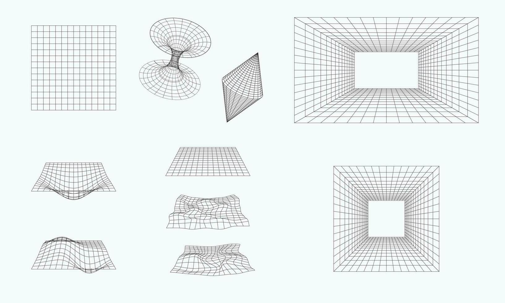 3d Geometrie Drahtmodell Formen und Gitter auf Weiß Hintergrund. retro futuristisch Design Elemente. Cyberpunk Elemente im modisch psychedelisch Rave Stil vektor