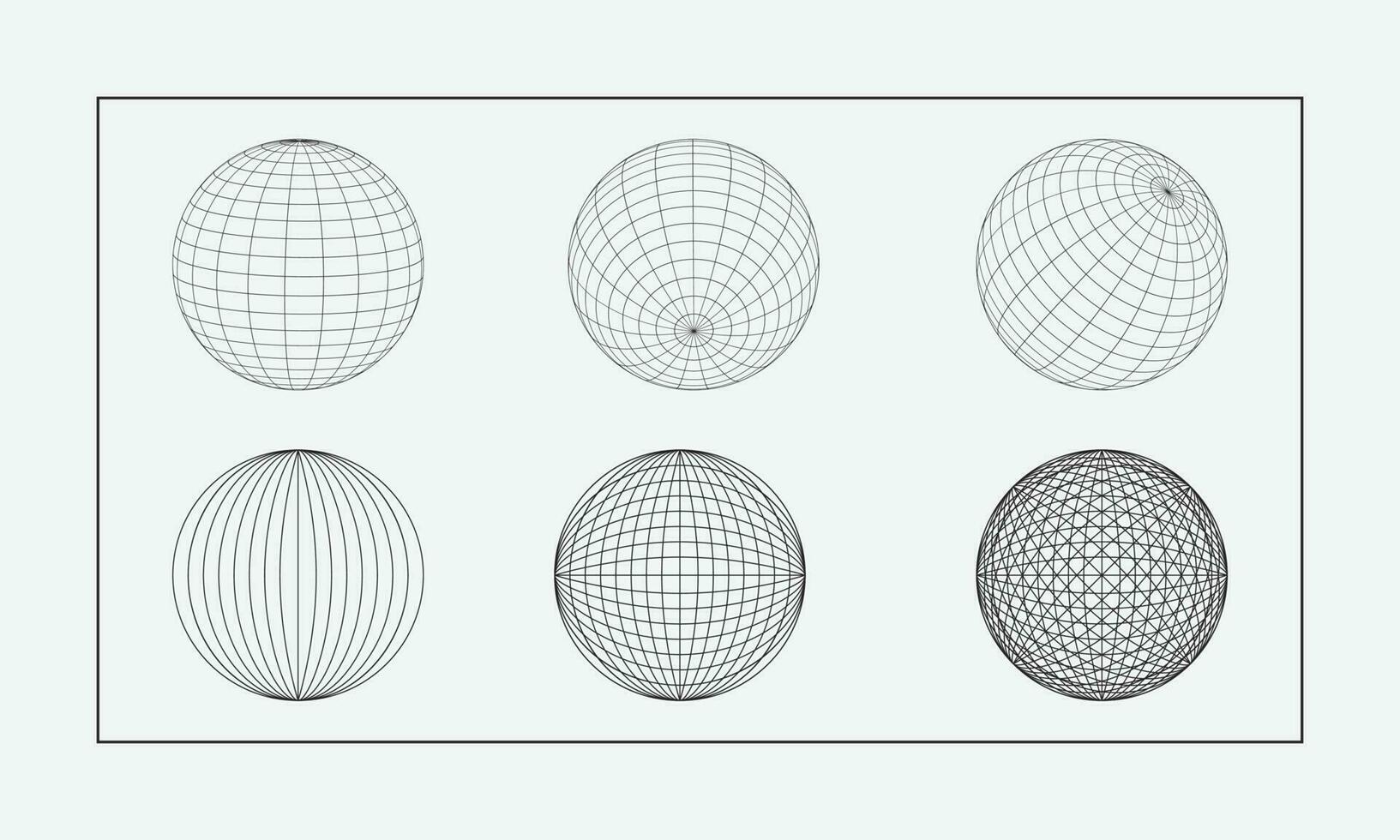 3d Drahtmodell Kugel Sammlung. Globus oder Ball im Kreis Netz Kabel. retro futuristisch ästhetisch. Geometrie Drahtmodell Formen Netz. Cyberpunk Elemente im modisch psychedelisch Rave Stil vektor