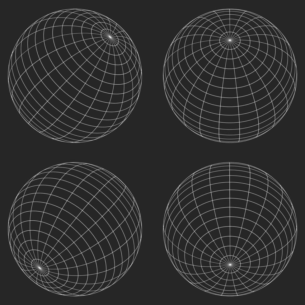 3d trådmodell sfär samling. klot eller boll i cirkel netto tråd. retro trogen estetisk. geometri trådmodell former rutnät. cyberpunk element i trendig psychedelic rave stil vektor