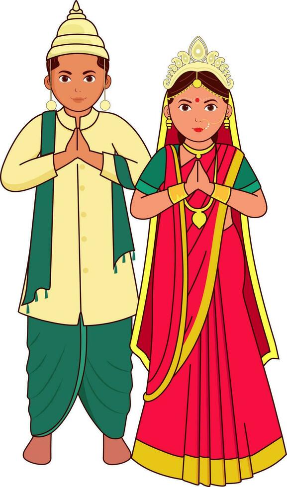 bengali bröllop par hälsning namaste i traditionell klänning. vektor