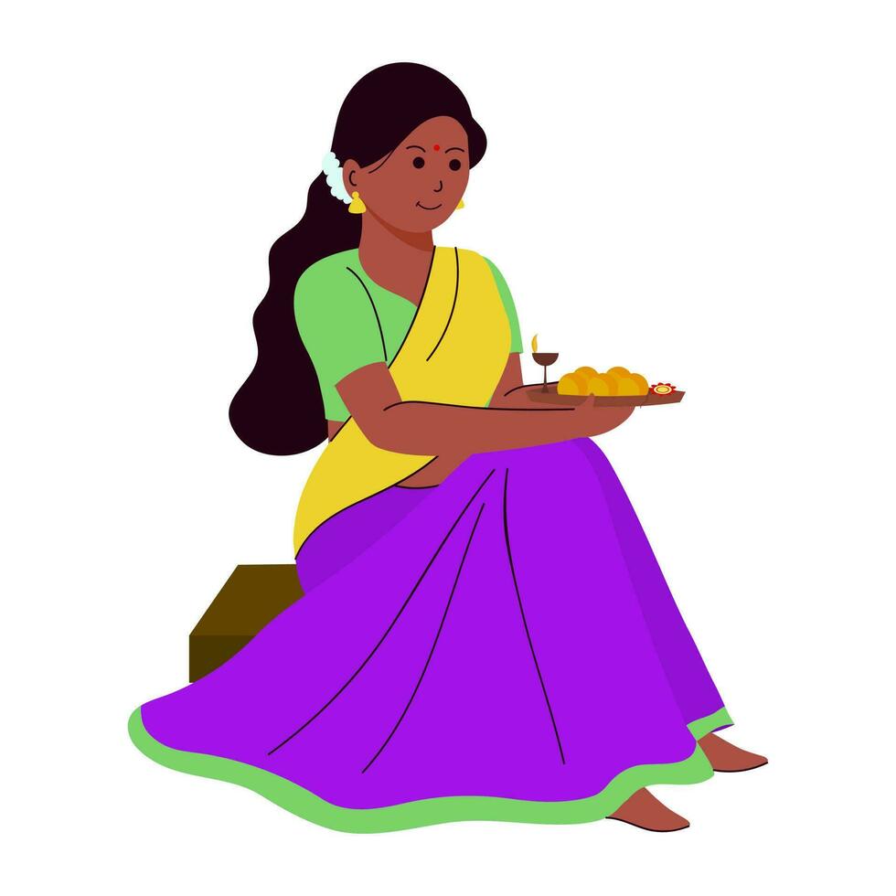 indisch jung Frau halten Anbetung Teller von Rakhi im Sitzung Pose gegen Weiß Hintergrund. vektor