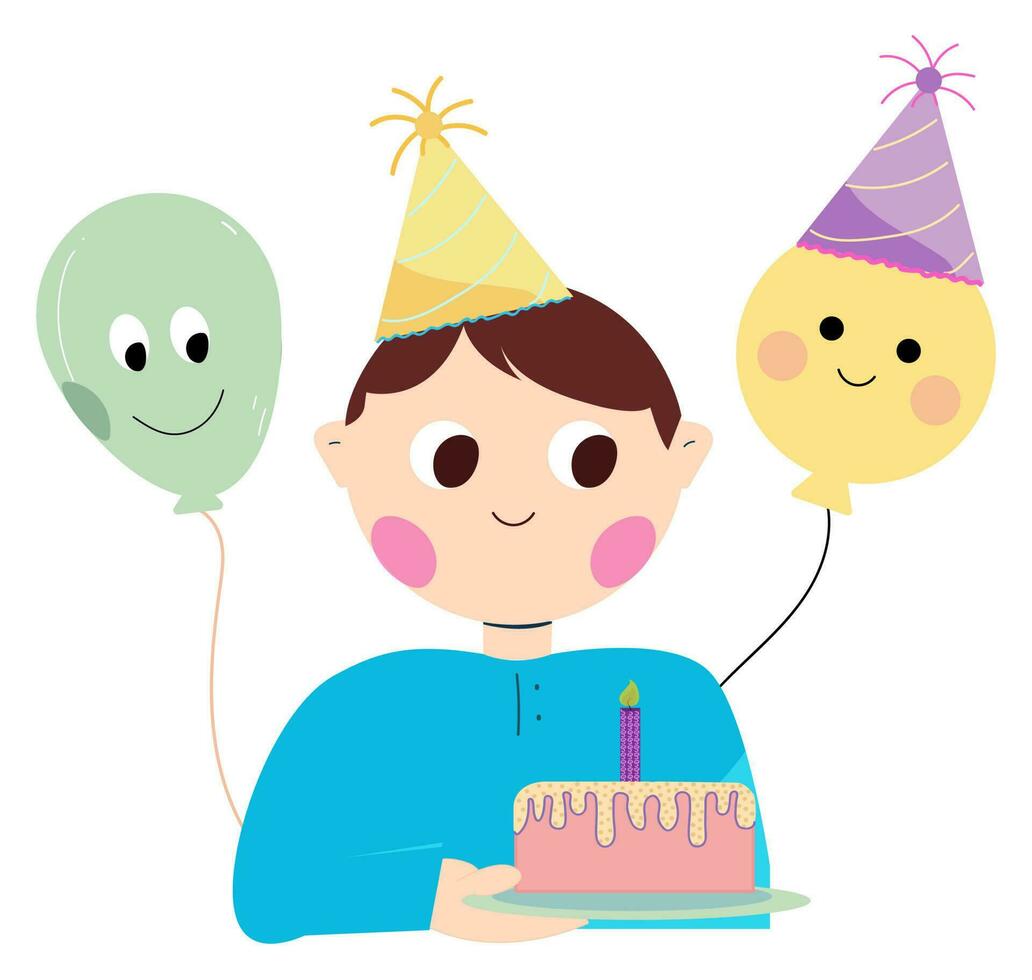 Party Hut tragen süß Junge Karikatur halten Verbrennung Kerze Kuchen mit Hut tragen Luftballons Aufkleber. vektor