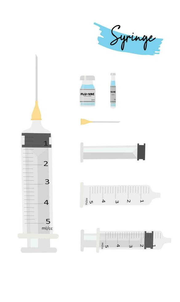 medicinsk spruta vektor uppsättning. plast spruta med komponent delar, nål, plast cylinder, kolven. medicinsk verktyg för injektion. platt vektor i tecknad serie stil isolerat på vit bakgrund.