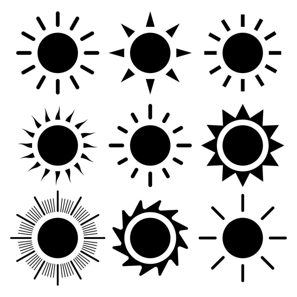 Sonne Symbol Satz. schwarz Sonne Star Symbole Sammlung. schwarz Sonnen Kreise. modisch Sommer- Symbol. Vektor Illustration