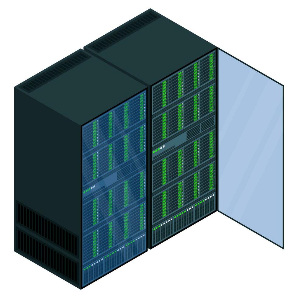 isometrisch Server. Netzwerk Server Zimmer. 3d Computer Ausrüstung. Lager Datenbank. isometrisch Technologie. Vektor Illustration