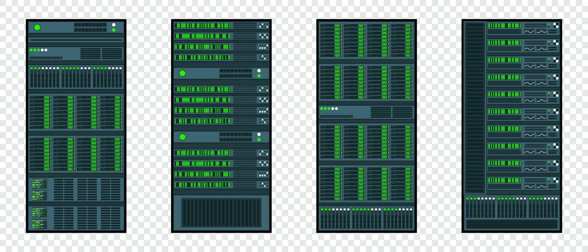 einstellen von verschiedene Server Gestelle. Server im Schränke. Server Zimmer Daten Center. Server im eben Design. Vektor Illustration