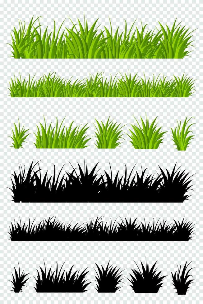 grön gräs samling. uppsättning av vår grön gräs horisontell gränser. äng naturlig grön ört. vår eller sommar växt löv. vektor illustration