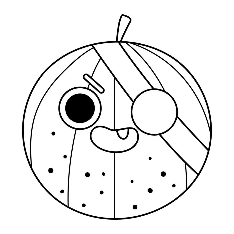 Vektor schwarz und Weiß komisch kawaii Wassermelone Linie Symbol oder Färbung Buchseite. Pirat Obst oder Beere Illustration. Comic Pflanze Obst mit Augen, Auge Patch und Mund