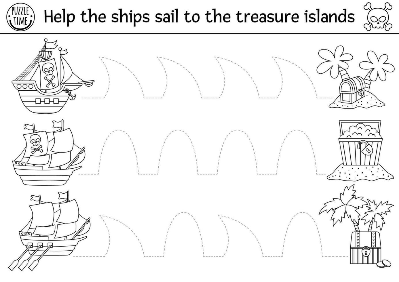 Vektor Pirat Schiff Handschrift trainieren Arbeitsblatt. Schatz Insel druckbar schwarz und Weiß Aktivität zum Vorschule Kinder. Rückverfolgung Spiel zum Schreiben Fähigkeiten. Färbung Seite mit süß Boote