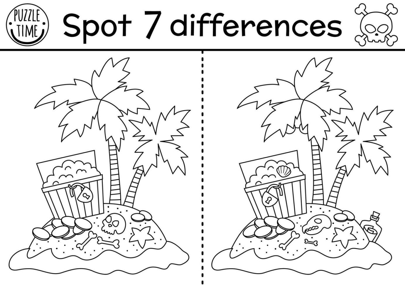 schwarz und Weiß Pirat finden Unterschiede Spiel zum Kinder. Meer Abenteuer Linie lehrreich Aktivität mit süß Schatz Insel mit Palme Bäume und Brust. druckbar Arbeitsblatt, Färbung Seite zum Kinder vektor