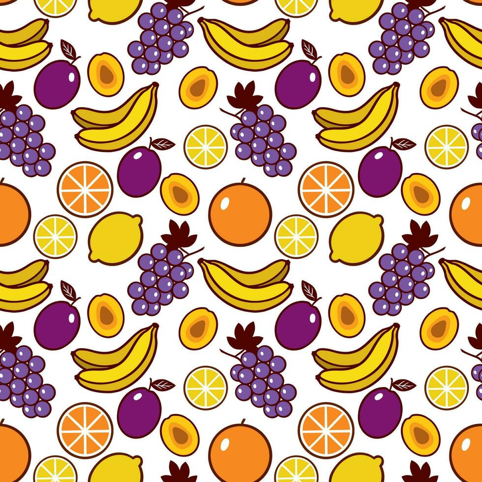 vindruvor, bananer, citroner, apelsiner, plommon. sömlös vektor mönster med frukter. design av textilier, kläder, täcker, omslag papper.