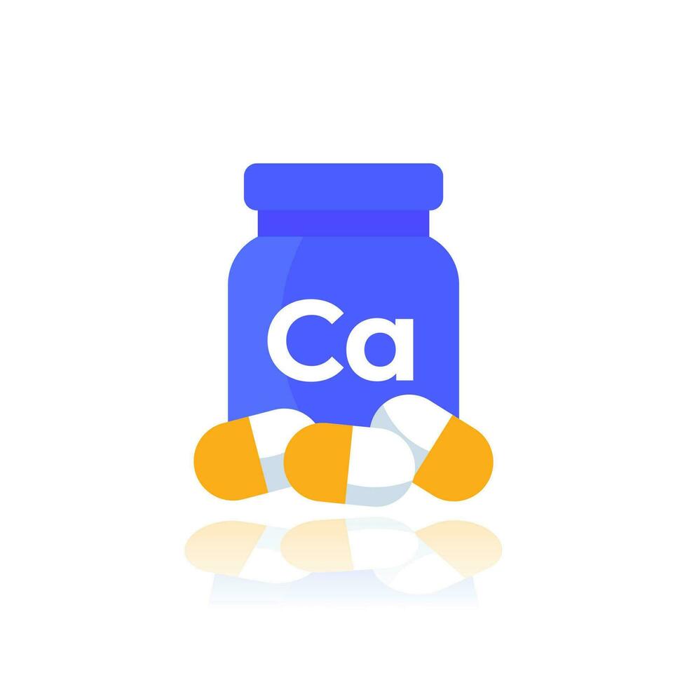 kalcium mineral ikon, kosttillskott, kapslar och flaska vektor
