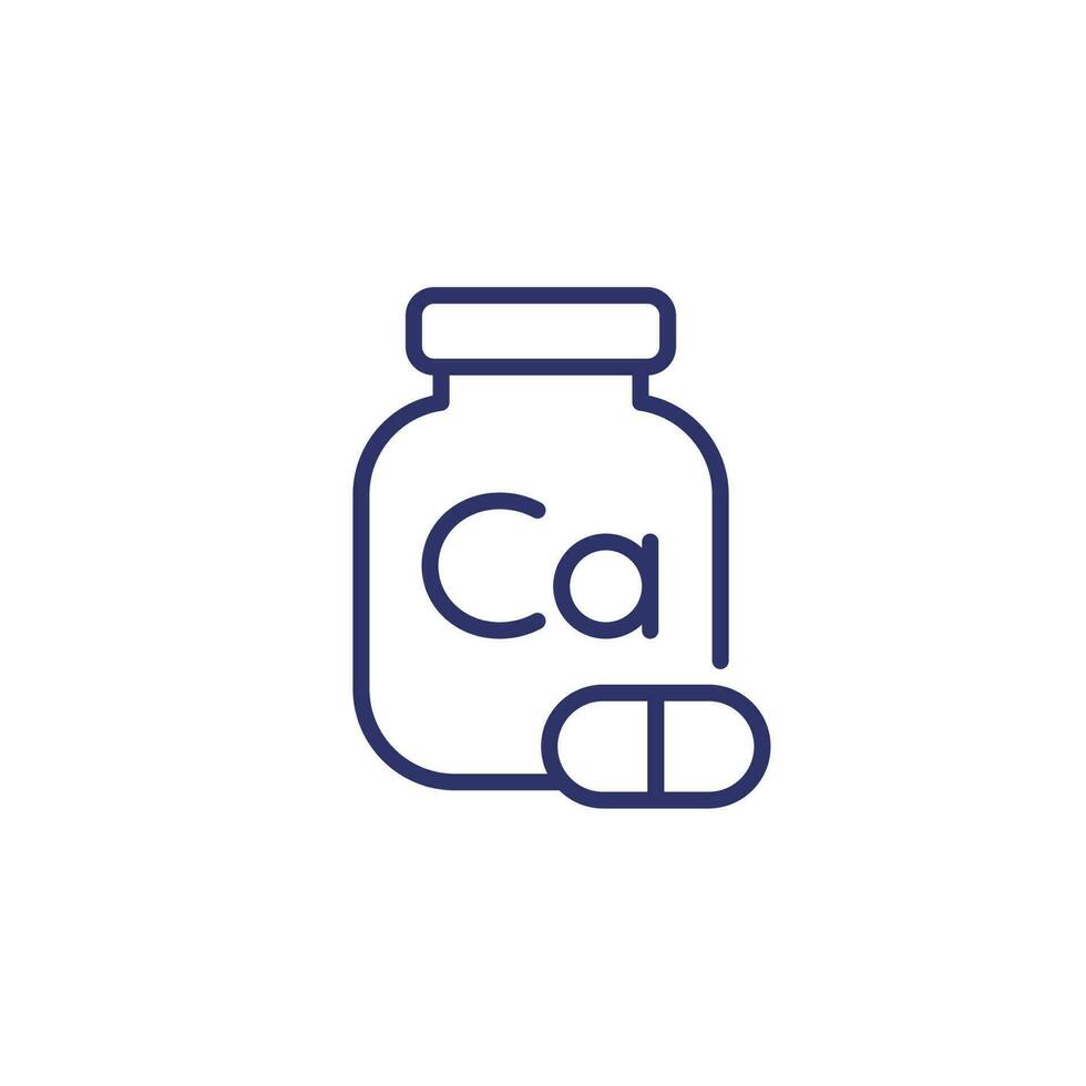 kalcium tillägg linje ikon, flaska och kapslar vektor