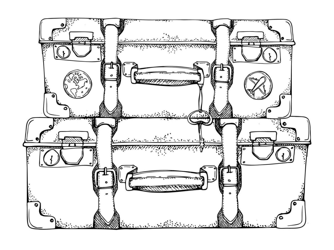 bläck hand dragen vektor skiss. illustration med uppsättning av retro årgång gammal resväskor bagage bagage med klistermärken och nyckel. design för turism, resa, broschyr, bröllop, guide, skriva ut, kort, tatuering.