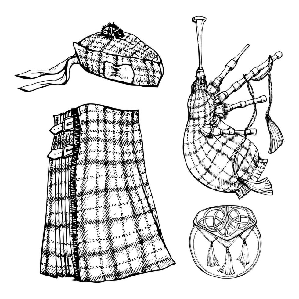 Tinte Hand gezeichnet Vektor skizzieren von isoliert Objekte. Schottland Symbole, Tartan Kilt, schottisch Baskenmütze Hut, sporran Beutel, Dudelsack. Design zum Tourismus, reisen, Broschüre, Hochzeit, Führung, drucken, Karte, Tätowierung.