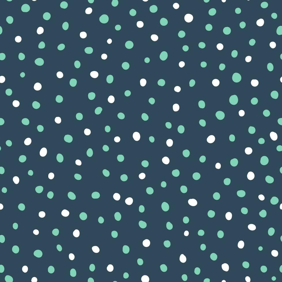 Junge nahtlos Muster Hand gezeichnet Kreise Textil- Design Grün Weiß runden gestalten auf ein Marine Hintergrund. Grün Elemente auf ein Blau Layout. Bürste winzig Flecken süß abstrakt Grafik irregulär Design Vektor. vektor