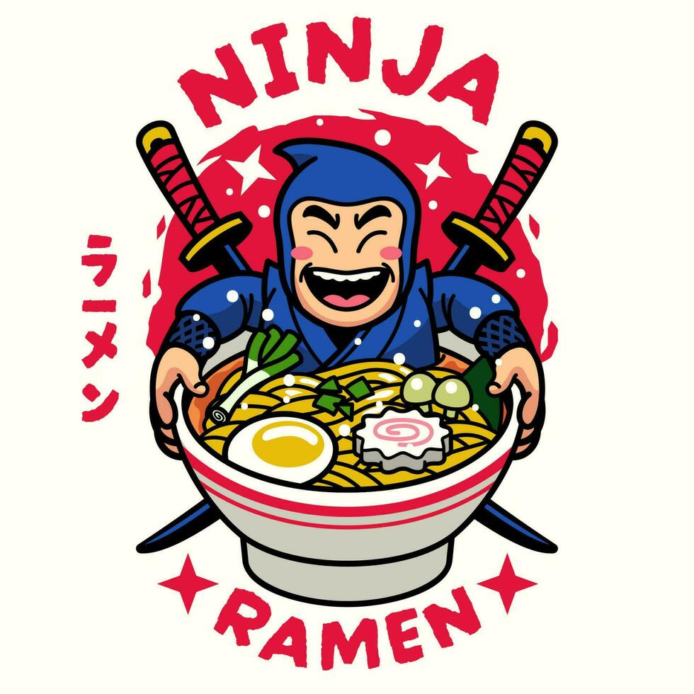 Ninja Krieger Karikatur Maskottchen Essen Ramen Nudel japanisch Wort meint Ramen vektor