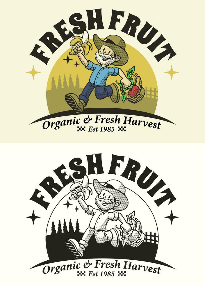 retro Karikatur Charakter von Obst Farmer Maskottchen Logo vektor