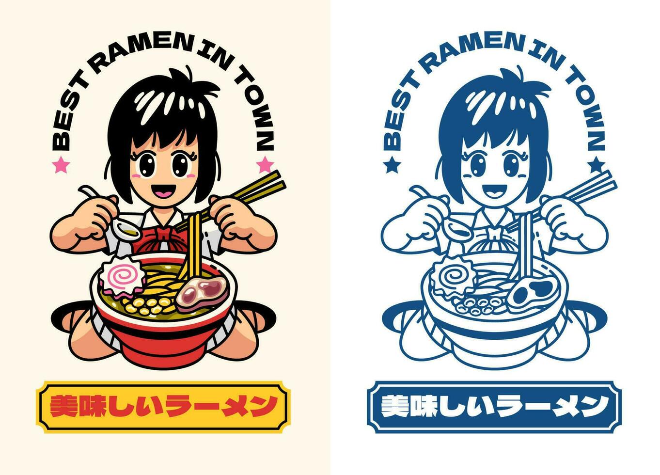 einstellen süß Chibi japanisch Mädchen Logo isst Ramen Nudel mit japanisch Text meint köstlich Ramen vektor