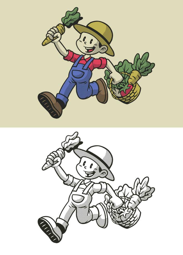 retro Karikatur Charakter von Ernte Farmer Maskottchen Logo vektor