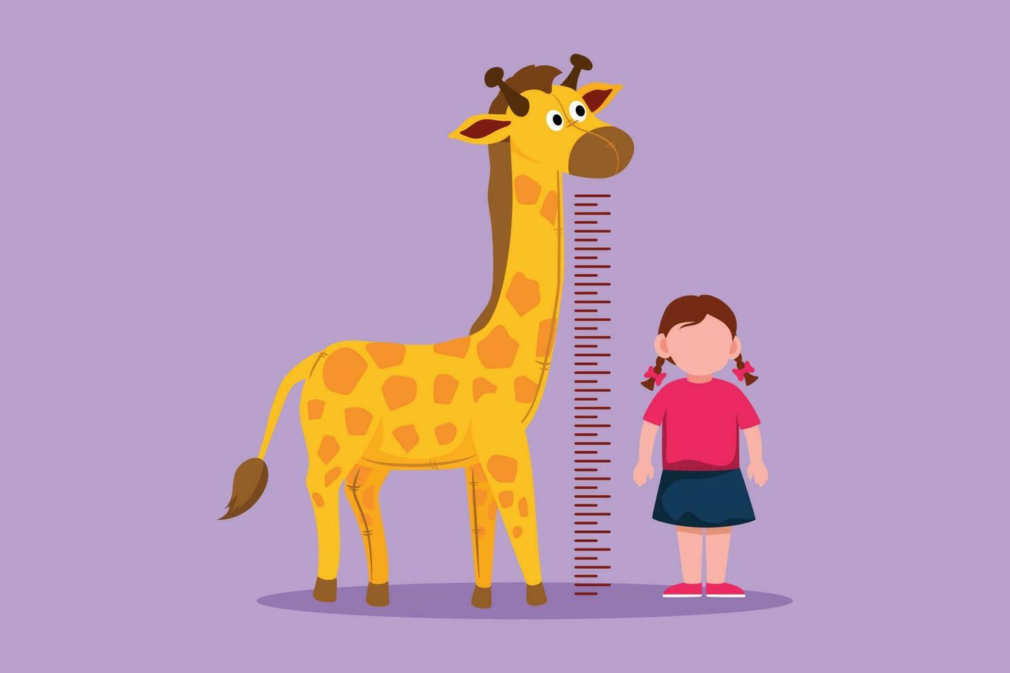 Grafik eben Design Zeichnung wenig Mädchen Messung ihr Höhe mit Giraffe Höhe Diagramm auf Mauer. Kinder Maße Wachstum beim Kindergarten. Kind Messung Höhe Konzept. Karikatur Stil Vektor Illustration