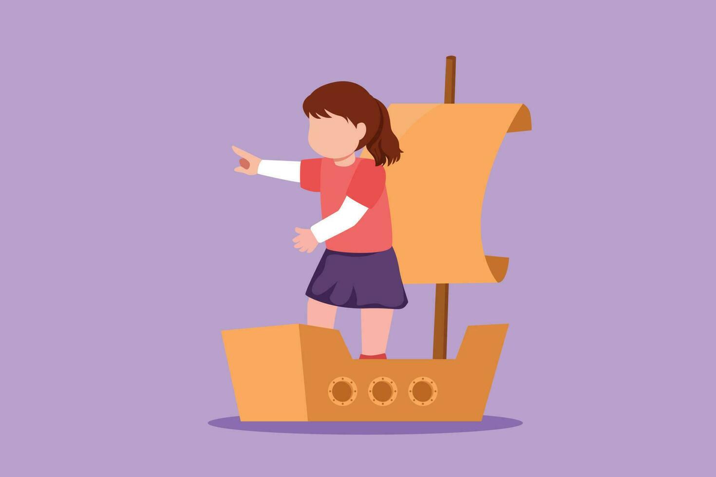 Charakter eben Zeichnung ziemlich wenig Mädchen spielen Matrose mit Boot gemacht von Karton Box beim Schule Schwimmbad. kreativ Kind Charakter spielen Schiff gemacht von Karton Boxen. Karikatur Design Vektor Illustration