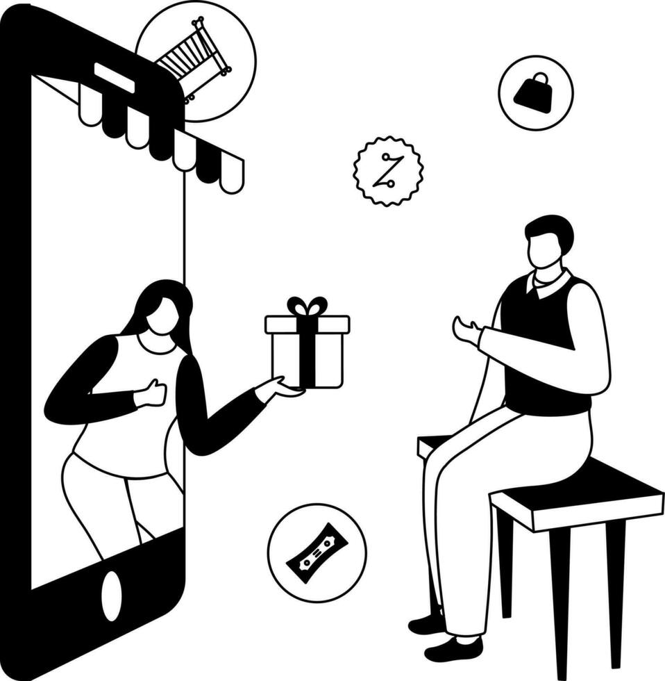 klotter stil e-shop begrepp med kvinna ger gåva låda till man genom smartphone illustration. vektor