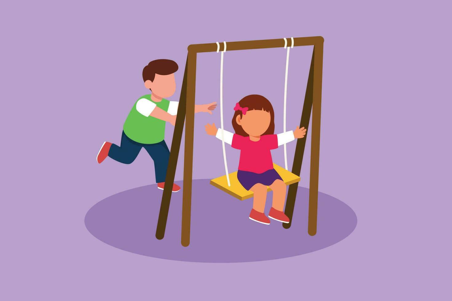 Charakter eben Zeichnung wenig Mädchen schwingen auf schwingen und ihr wenig Junge Freund geholfen drücken von hinter. glücklich Kinder spielen schwingen zusammen im Öffentlichkeit Park Spielplatz. Karikatur Design Vektor Illustration